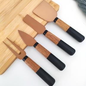 4pcs gold color cheese knife set with acacia wood handle