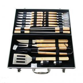 22pcs wooden handle barbecue tool set with portable aluminum box