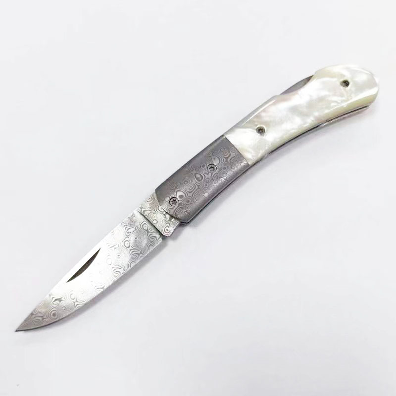 DAMASCUS BLADE AND WHITE SHELL HANDLE FOLDING KNIFE