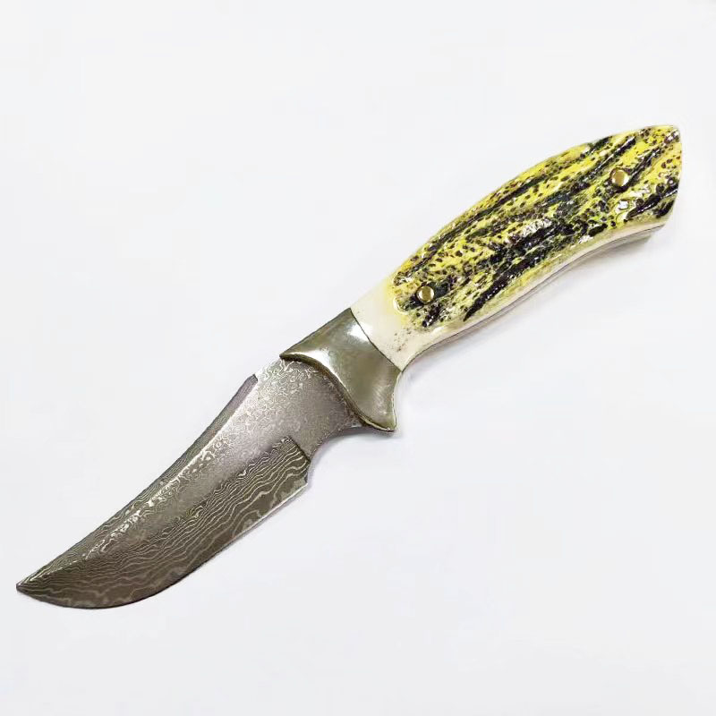 DAMASCUS BLADE AND ANTLER HANDLE HUNTING KNIFE