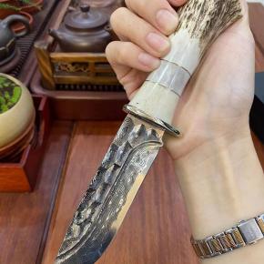 Hunting Knife Damascus Fixed Blade Antler Handle Knife With Leather Sheath 