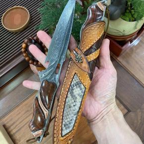 Hunting Knife Damascus Fixed Blade Rosewood Handle Knife With Leather Sheath For Outdoor