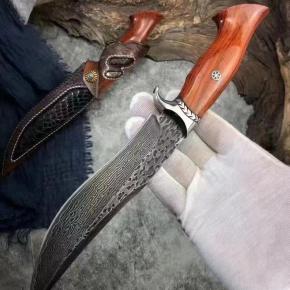 Hunting Knife Damascus Fixed Blade Shiro Wood Handle Knife With Leather Sheath For Outdoor