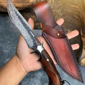 Hunting Knife Damascus Blade Rosewood Handle Survival Knife With Leather Sheath Outdoor Camping