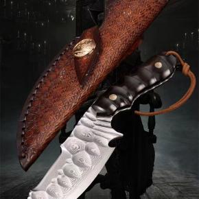 Hunting Knife Supplier Damascus Blade Rosewood Handle Survival Knife With Leather Sheath Outdoor Camping