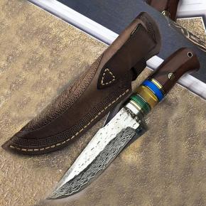 Hunting Knife Factory Damascus Blade Rosewood Handle Survival Knife With Leather Sheath Outdoor Camping