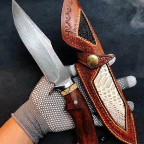 Hunting Knife Factory Top Class Imported Feather Shape Damascus Blade Desert Ironwood Handle Survival Knife With Leather Sheath 