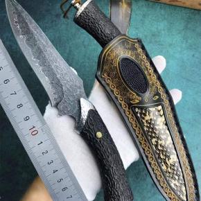 Hunting Knife Factory Damascus Blade Rosewood Handle Survival Knife With Leather Sheath Outdoor Camping