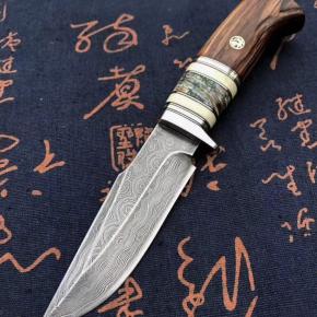 Hunting Knife Factory Damascus Blade Rosewood And Mammoth Teeth Fossil Handle Survival Knife With Leather Sheath Outdoor Camping