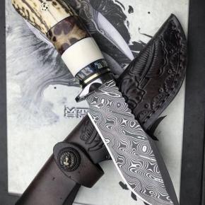 Imported Damascus Blade Rosewood Antler And Mammoth Teeth Handle Survival Hunting Knife With Leather Sheath Outdoor 