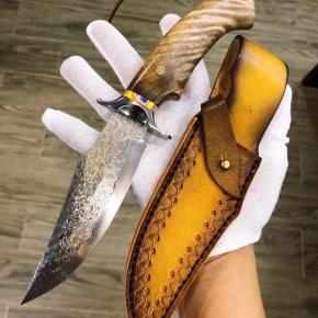 Damascus Blade Shiro Wood Handle Survival Hunting Knife With Leather Sheath Outdoor 