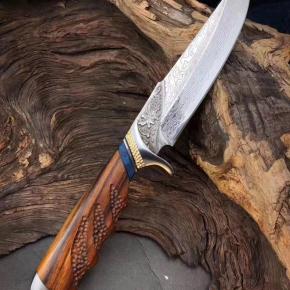 Damascus Blade Rosewood Handle Survival Hunting Knife With Leather Sheath Outdoor 