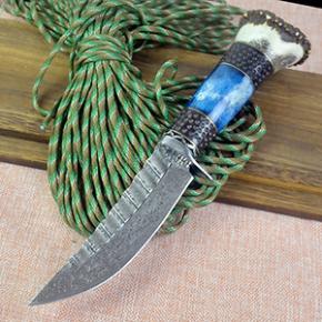 Damascus Blade Natural Antler And Fossil Handle Survival Hunting Knife With Leather Sheath Outdoor 