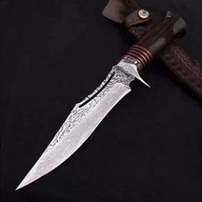 Damascus Blade Rosewood Handle Survival Hunting Knife With Leather Sheath Outdoor 