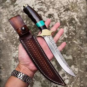 Damascus Blade Rosewood Handle Survival Hunting Knife With Leather Sheath Outdoor 