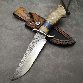 Damascus Blade Shadow Wood Handle Survival Hunting Knife With Leather Sheath Outdoor 