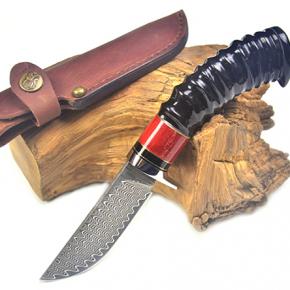 Damascus Blade Antler And Bafallo Horn Handle Survival Hunting Knife With Leather Sheath Outdoor 