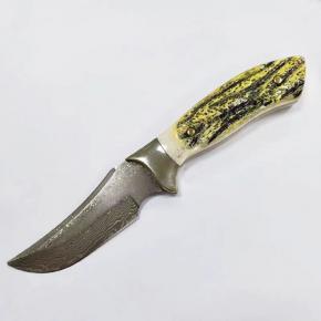 New Arrivals Hunting Knife Damascus Fixed Blade Baffalo Bone Handle Knife With Leather Sheath  