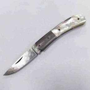 Folding Knife With Damascus Blade White Shell Handle  