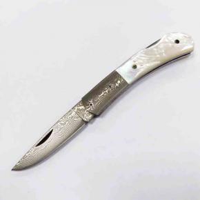 Folding Knife With Damascus Blade White Shell Handle   