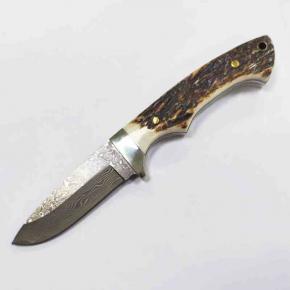 Hunting Knife Damascus Fixed Blade Antler Handle Knife With Leather Sheath  
